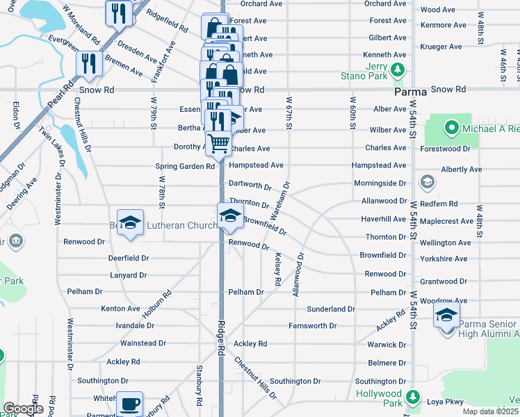 map of restaurants, bars, coffee shops, grocery stores, and more near 6823 Dartworth Drive in Parma