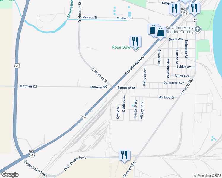 map of restaurants, bars, coffee shops, grocery stores, and more near 1925 Grandview Avenue in Muscatine
