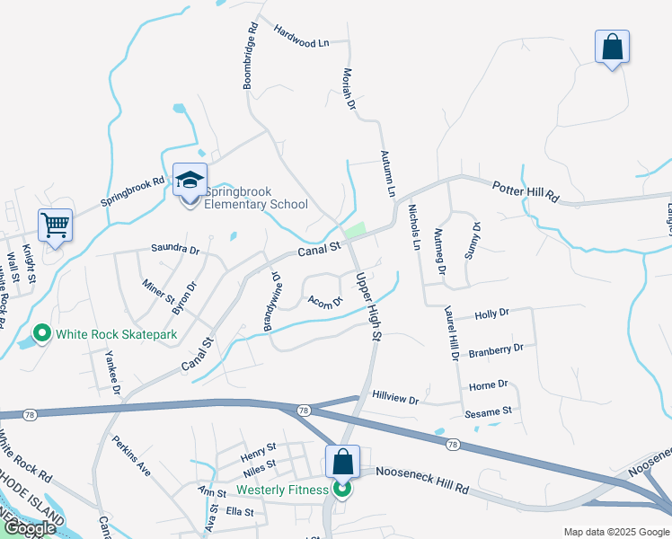 map of restaurants, bars, coffee shops, grocery stores, and more near 223 Canal Street in Westerly