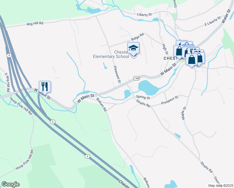 map of restaurants, bars, coffee shops, grocery stores, and more near 72 West Main Street in Chester