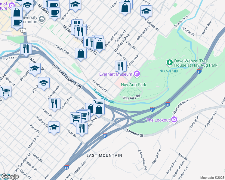 map of restaurants, bars, coffee shops, grocery stores, and more near 237 Colfax Avenue in Scranton