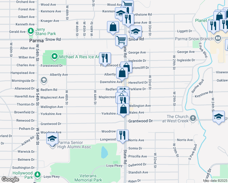 map of restaurants, bars, coffee shops, grocery stores, and more near 3914 Redfern Road in Parma