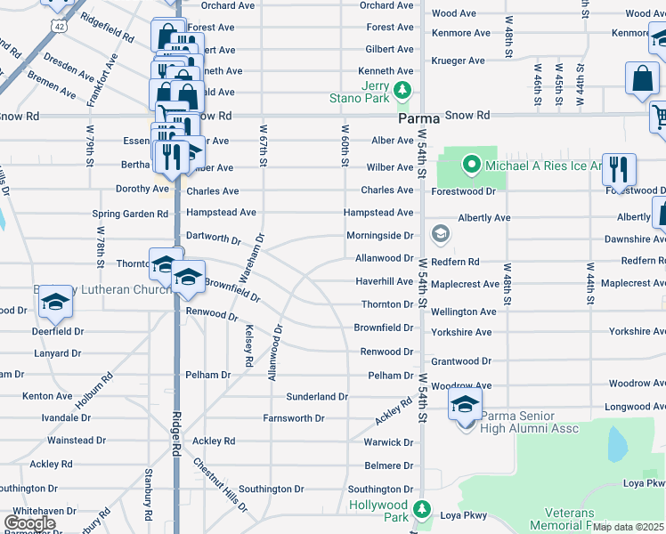map of restaurants, bars, coffee shops, grocery stores, and more near 6104 Allanwood Drive in Cleveland