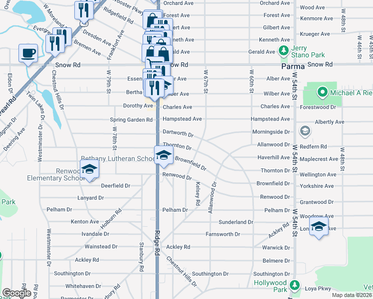 map of restaurants, bars, coffee shops, grocery stores, and more near 6823 Dartworth Drive in Parma