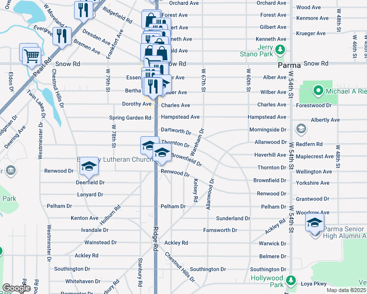 map of restaurants, bars, coffee shops, grocery stores, and more near 6823 Dartworth Drive in Parma