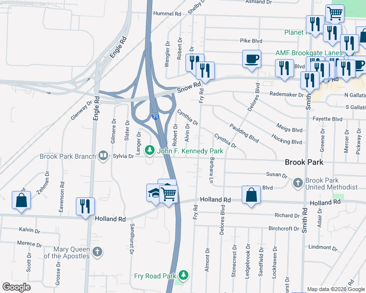 map of restaurants, bars, coffee shops, grocery stores, and more near 6057 Alvin Drive in Brook Park