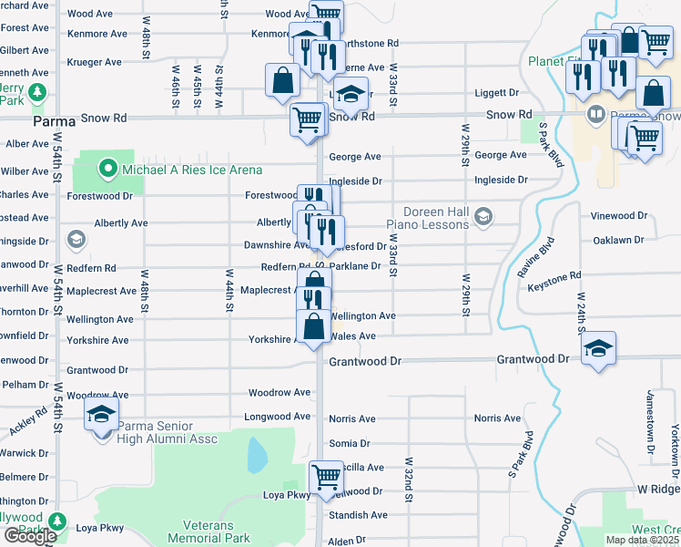 map of restaurants, bars, coffee shops, grocery stores, and more near 3438 Parklane Drive in Parma