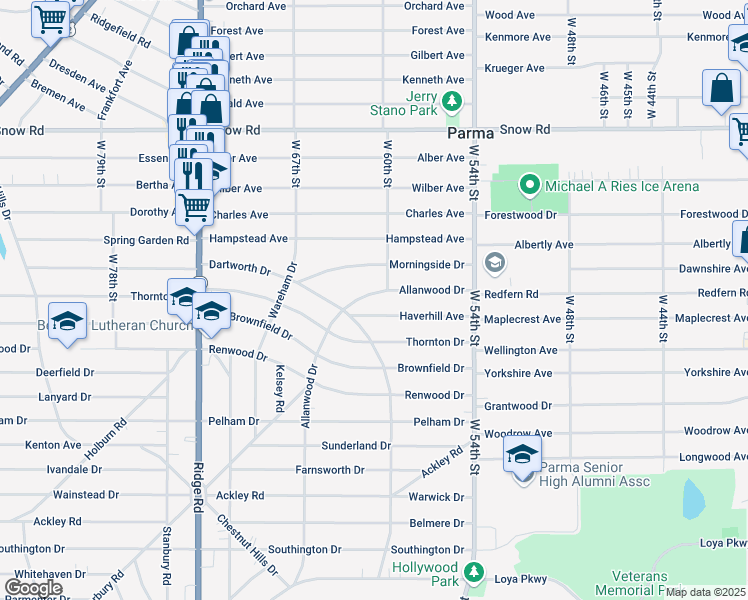 map of restaurants, bars, coffee shops, grocery stores, and more near 6104 Allanwood Drive in Cleveland