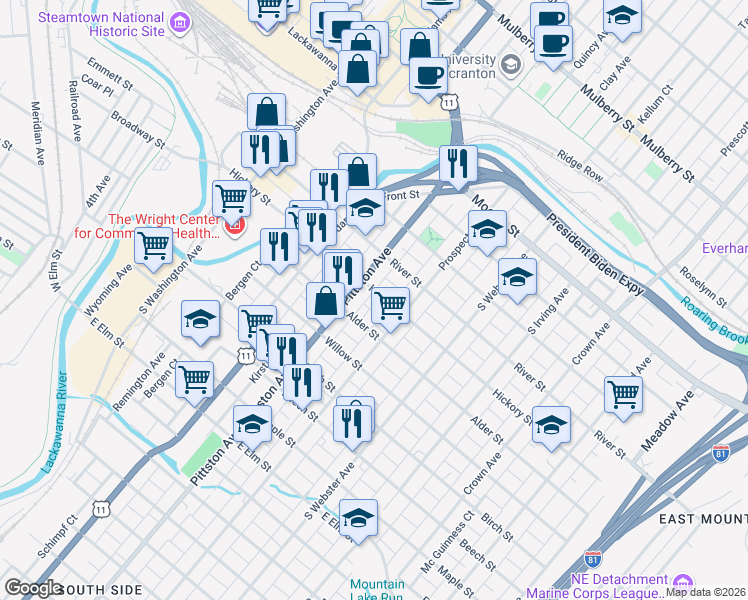 map of restaurants, bars, coffee shops, grocery stores, and more near 519 Hickory Street in Scranton
