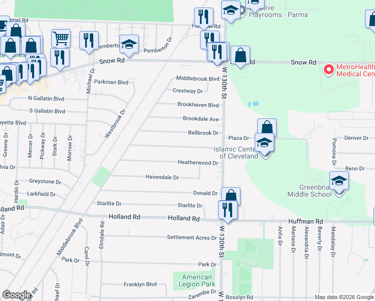 map of restaurants, bars, coffee shops, grocery stores, and more near 13581 Dalebrook Avenue in Brook Park