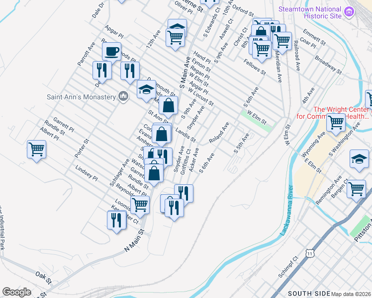 map of restaurants, bars, coffee shops, grocery stores, and more near 711 Landis Street in Scranton