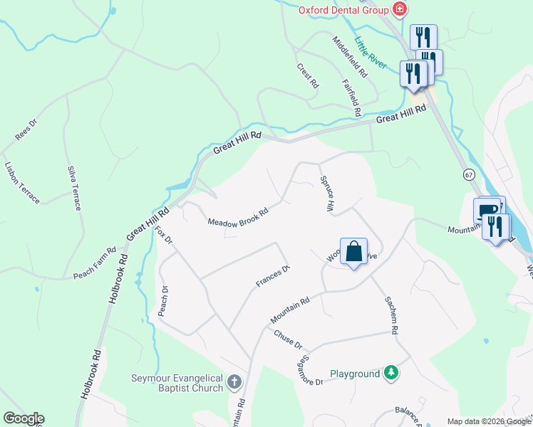 map of restaurants, bars, coffee shops, grocery stores, and more near 191 Meadow Brook Road in Oxford