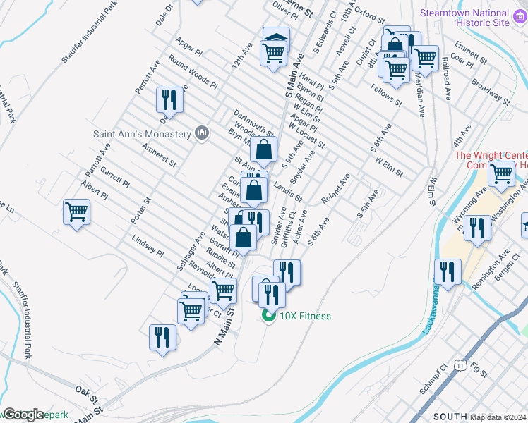 map of restaurants, bars, coffee shops, grocery stores, and more near 1219 South Main Avenue in Scranton