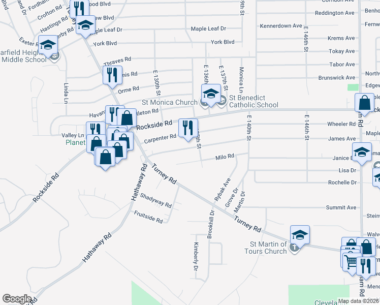 map of restaurants, bars, coffee shops, grocery stores, and more near 13445 Hathaway Road in Garfield Heights