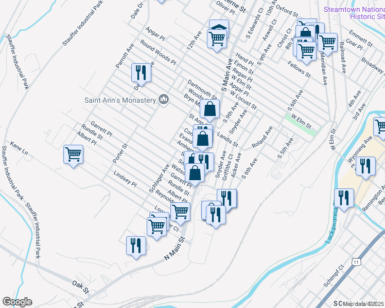 map of restaurants, bars, coffee shops, grocery stores, and more near 1127 Amherst Street in Scranton