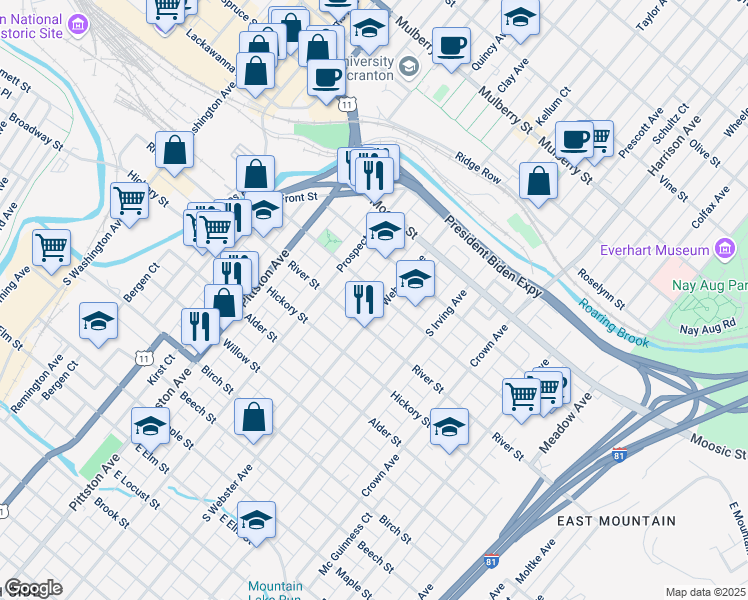 map of restaurants, bars, coffee shops, grocery stores, and more near 624 Orchard Street in Scranton