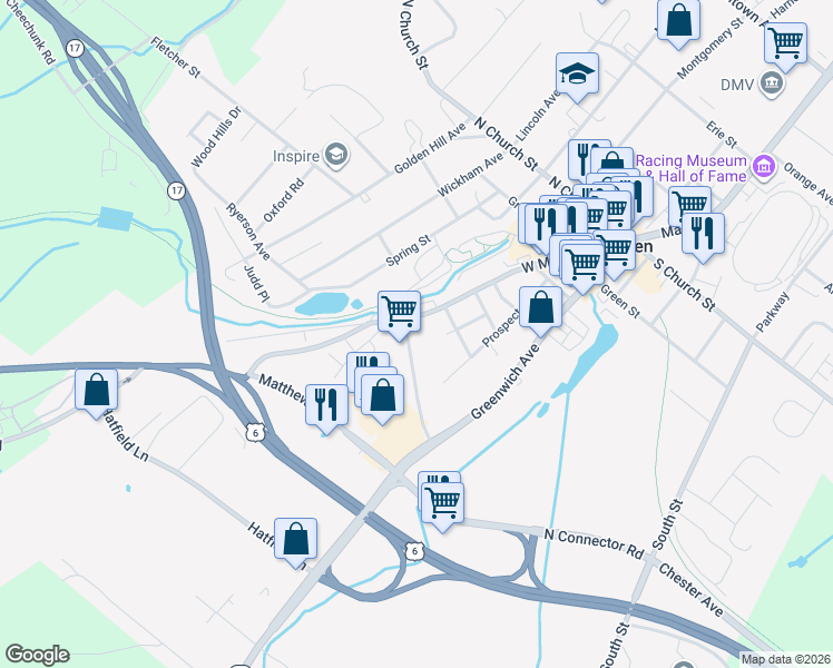 map of restaurants, bars, coffee shops, grocery stores, and more near 297 West Main Street in Goshen