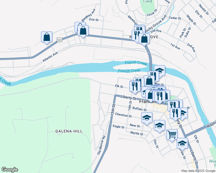 map of restaurants, bars, coffee shops, grocery stores, and more near 1534 Elk St in Franklin