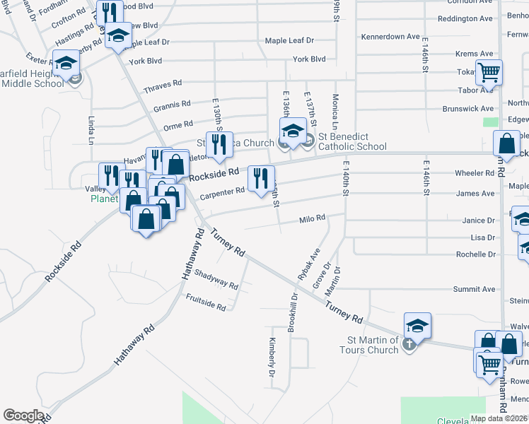map of restaurants, bars, coffee shops, grocery stores, and more near 13445 Hathaway Road in Garfield Heights
