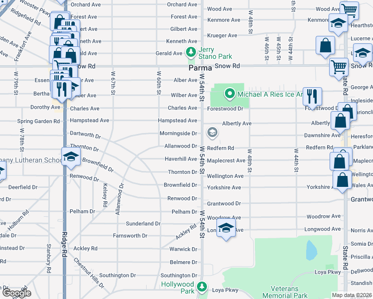 map of restaurants, bars, coffee shops, grocery stores, and more near 5614 Allanwood Drive in Cleveland