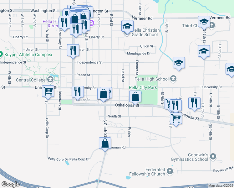 map of restaurants, bars, coffee shops, grocery stores, and more near 309 University Street in Pella