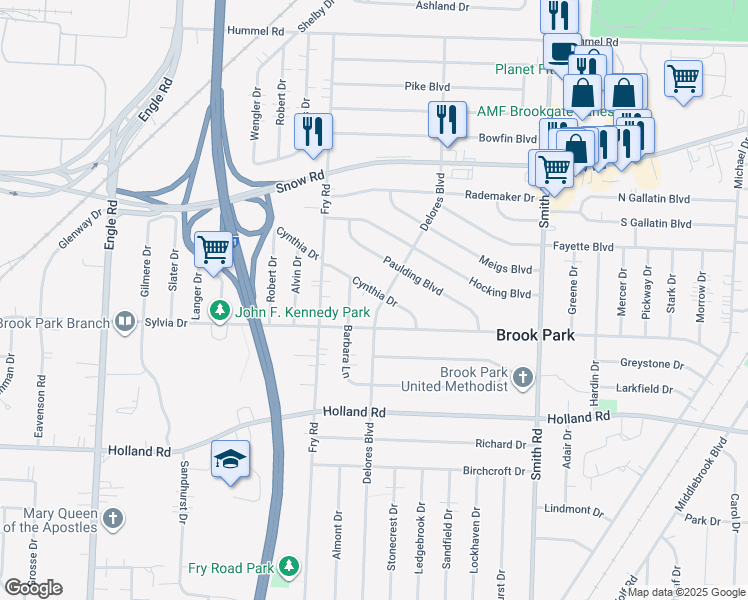 map of restaurants, bars, coffee shops, grocery stores, and more near in Brook Park