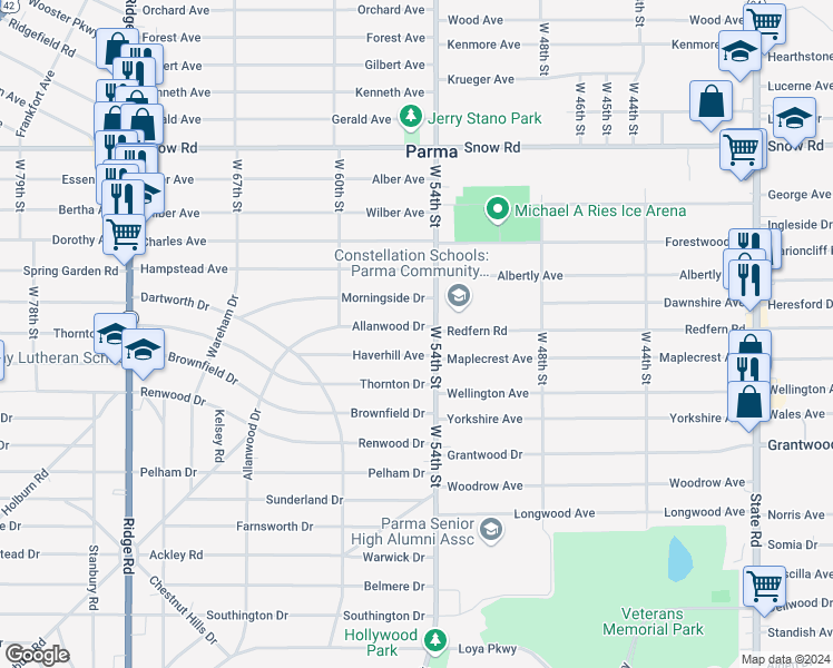 map of restaurants, bars, coffee shops, grocery stores, and more near 5503 Allanwood Drive in Cleveland