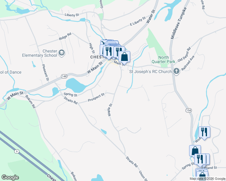 map of restaurants, bars, coffee shops, grocery stores, and more near 34 Maple Street in Chester