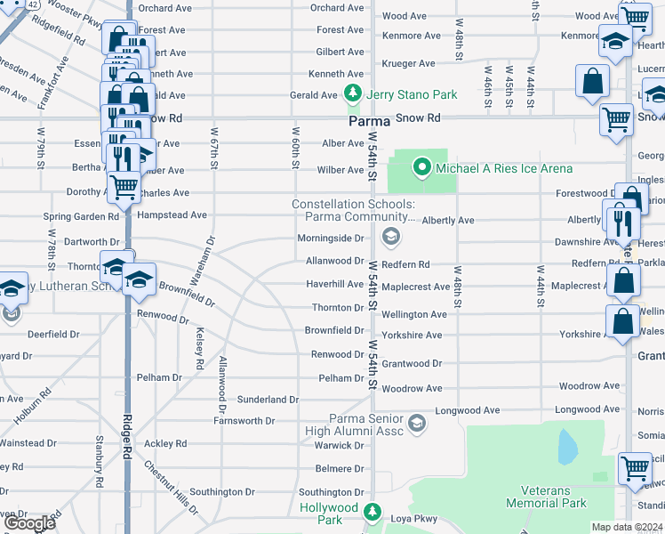 map of restaurants, bars, coffee shops, grocery stores, and more near 5619 Allanwood Drive in Cleveland