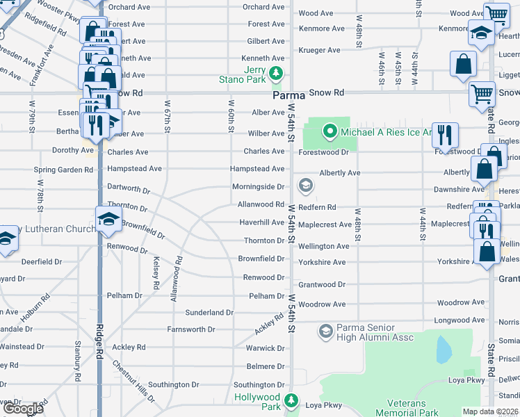 map of restaurants, bars, coffee shops, grocery stores, and more near 5614 Allanwood Drive in Cleveland