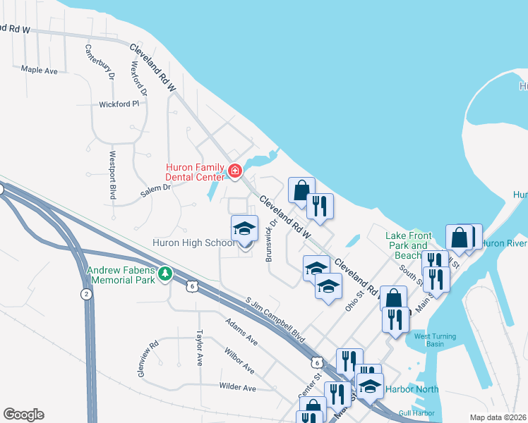 map of restaurants, bars, coffee shops, grocery stores, and more near 13 Turtle Bay Street in Huron