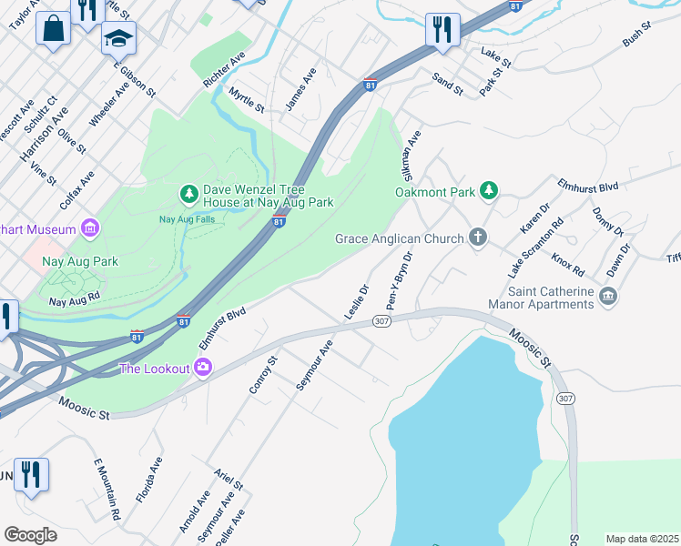map of restaurants, bars, coffee shops, grocery stores, and more near 46 Elmhurst Blvd in Scranton