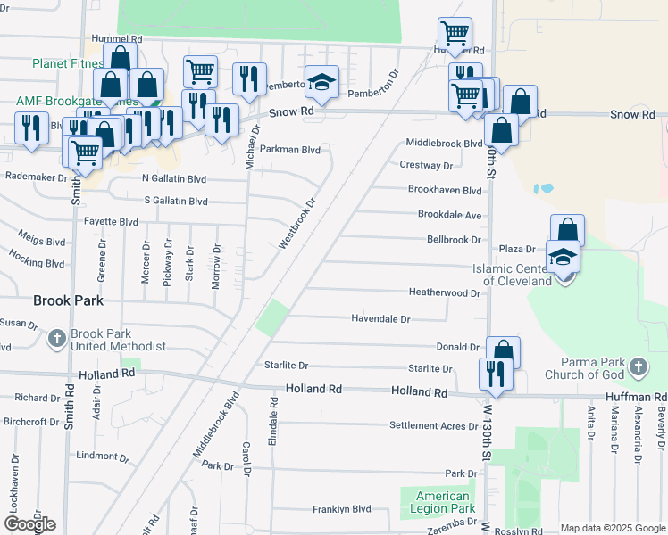map of restaurants, bars, coffee shops, grocery stores, and more near 13980 Dalebrook Avenue in Brook Park