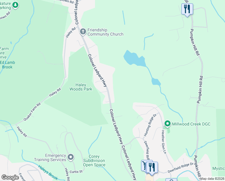 map of restaurants, bars, coffee shops, grocery stores, and more near 338 Colonel Ledyard Highway in Ledyard