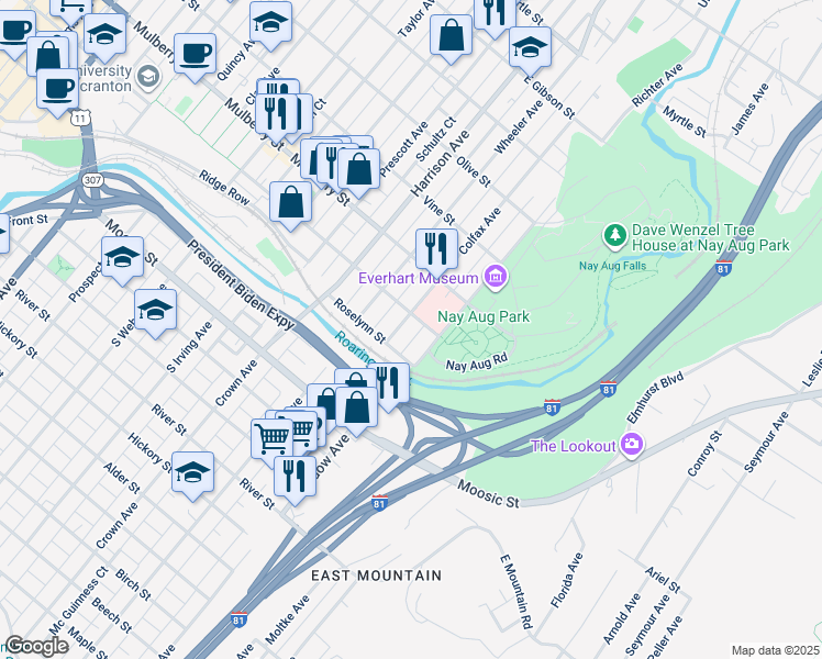 map of restaurants, bars, coffee shops, grocery stores, and more near 237 Colfax Avenue in Scranton