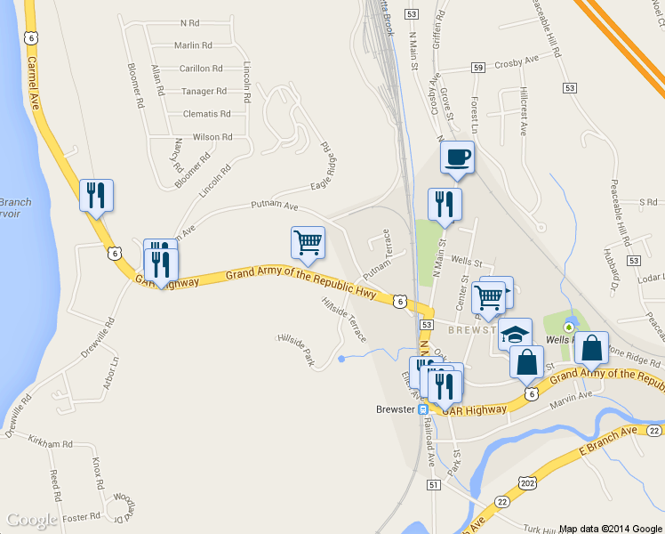 map of restaurants, bars, coffee shops, grocery stores, and more near 37 Putnam Avenue in Brewster