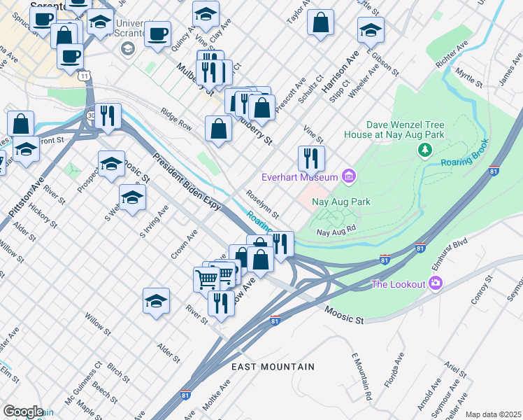 map of restaurants, bars, coffee shops, grocery stores, and more near 203 Wheeler Avenue in Scranton