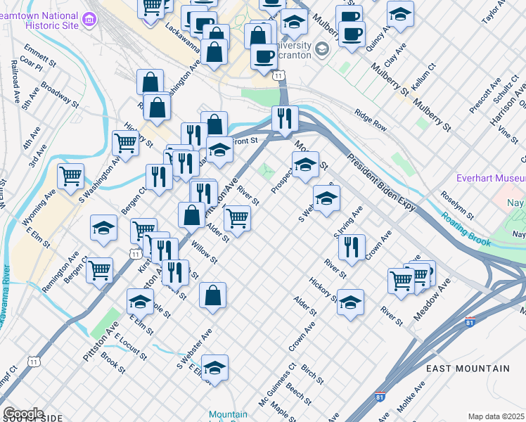 map of restaurants, bars, coffee shops, grocery stores, and more near 332 Prospect Avenue in Scranton