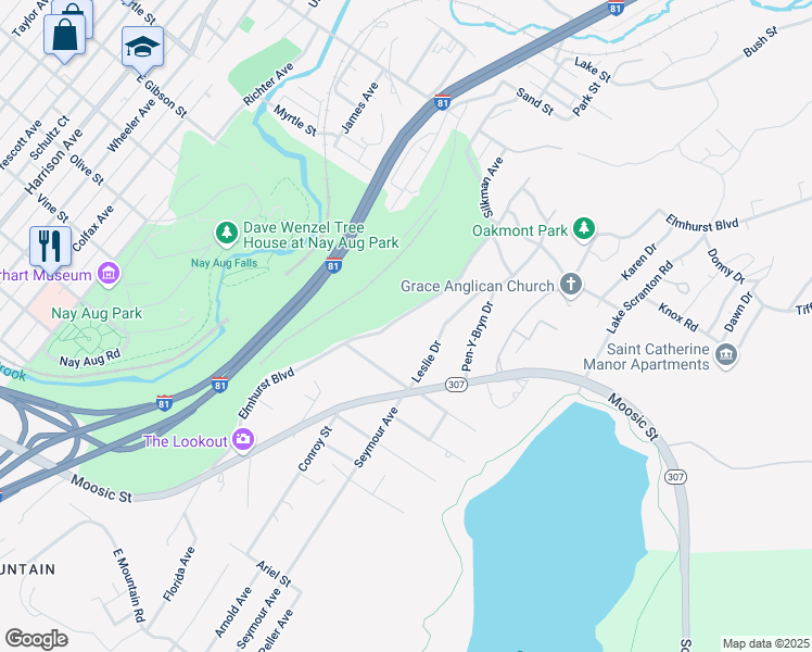 map of restaurants, bars, coffee shops, grocery stores, and more near 46 Elmhurst Blvd in Scranton