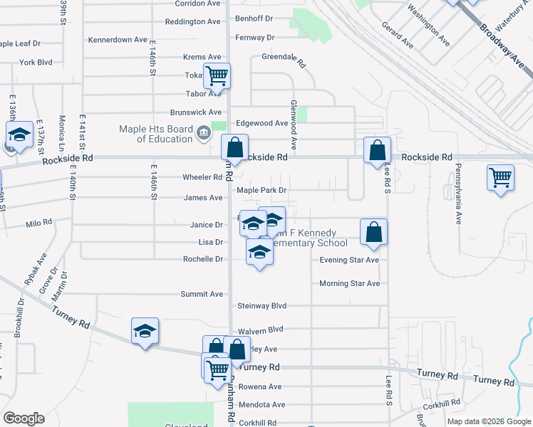 map of restaurants, bars, coffee shops, grocery stores, and more near 15317 Ramage Avenue in Maple Heights