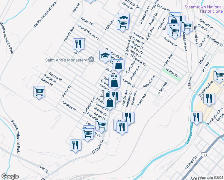 map of restaurants, bars, coffee shops, grocery stores, and more near 1104 Amherst Street in Scranton