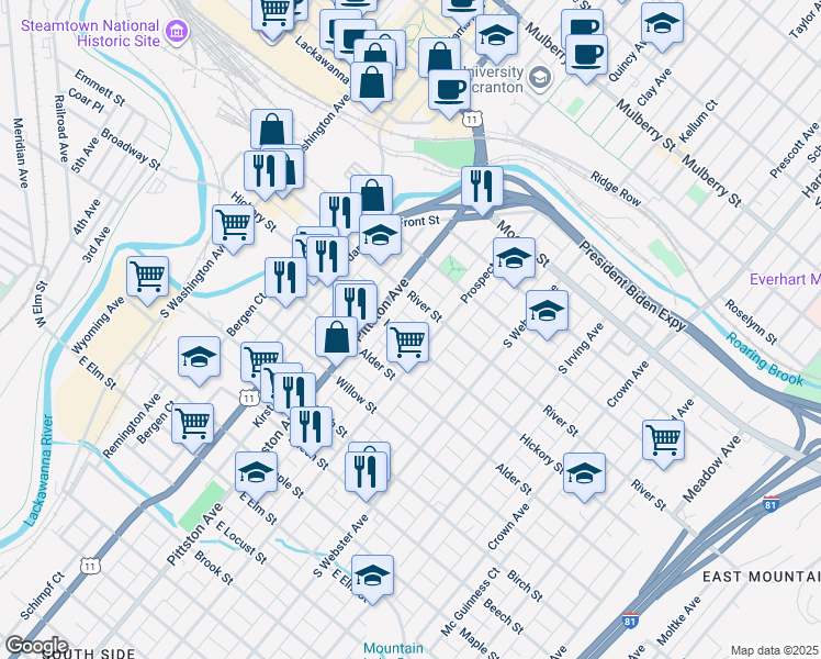 map of restaurants, bars, coffee shops, grocery stores, and more near 531 Hickory Street in Scranton