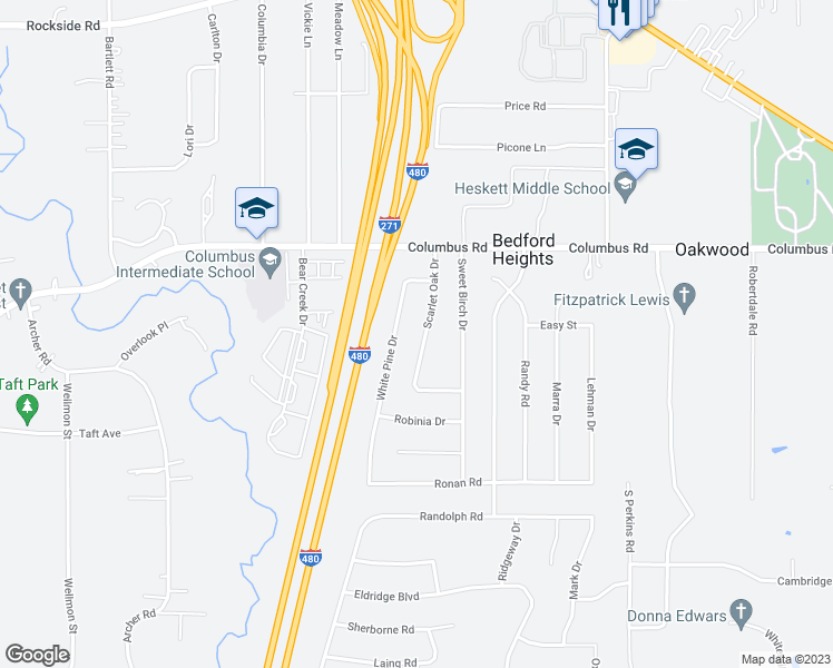 map of restaurants, bars, coffee shops, grocery stores, and more near 5876 Scarlet Oak Drive in Bedford Heights