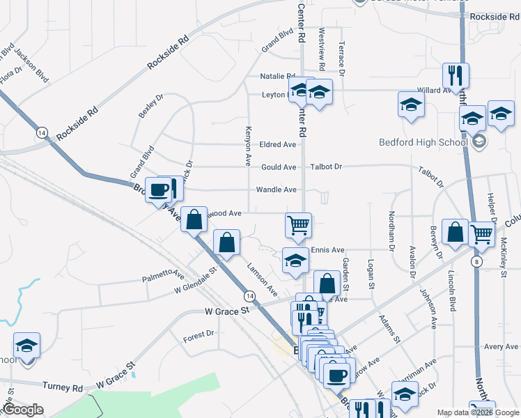 map of restaurants, bars, coffee shops, grocery stores, and more near 99 Ellenwood Avenue in Bedford