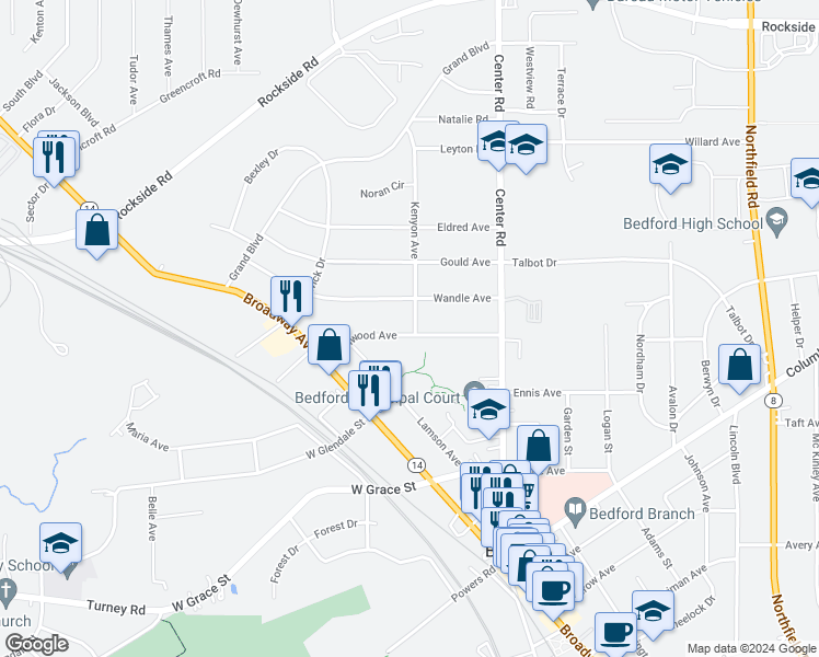 map of restaurants, bars, coffee shops, grocery stores, and more near 93 Ellenwood Avenue in Bedford