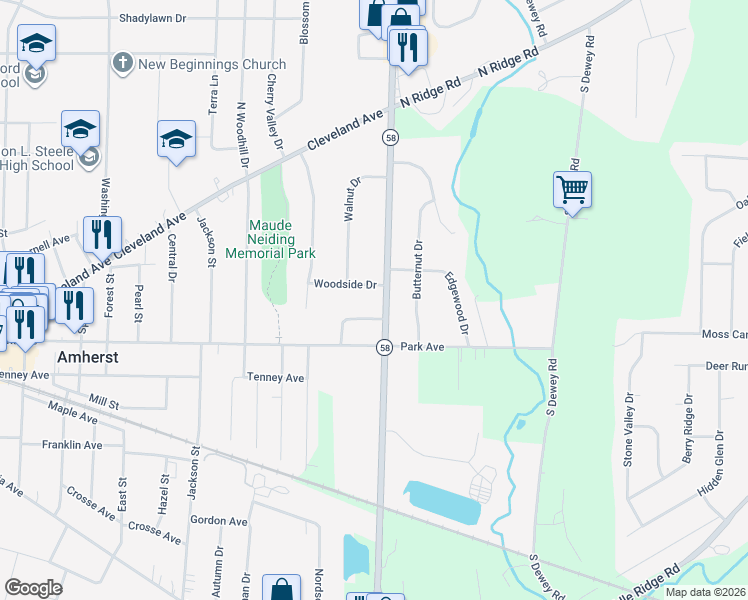 map of restaurants, bars, coffee shops, grocery stores, and more near 1180 Woodside Drive in Amherst
