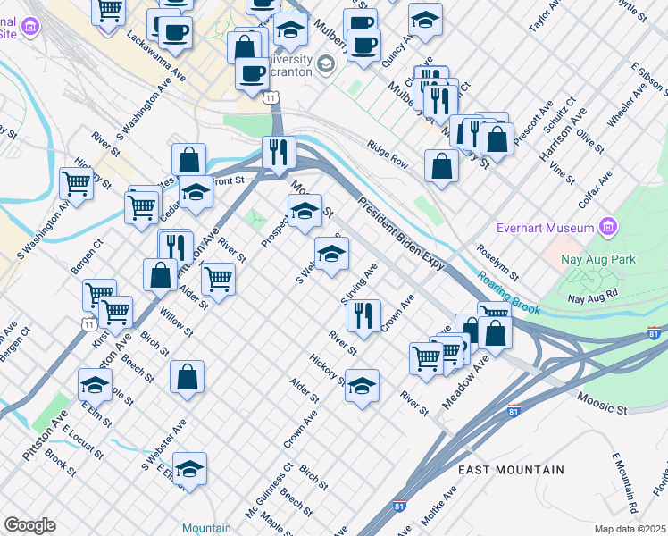 map of restaurants, bars, coffee shops, grocery stores, and more near 718 Hemlock St in Scranton