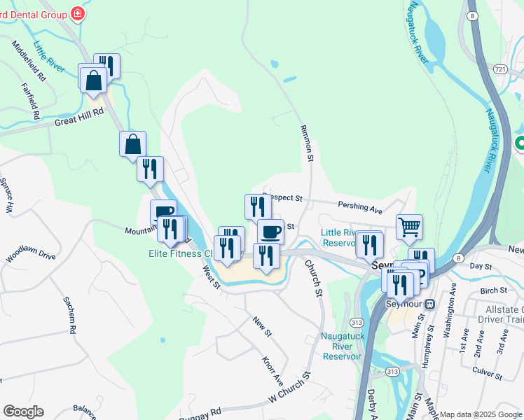 map of restaurants, bars, coffee shops, grocery stores, and more near 56 Swan Avenue in Seymour