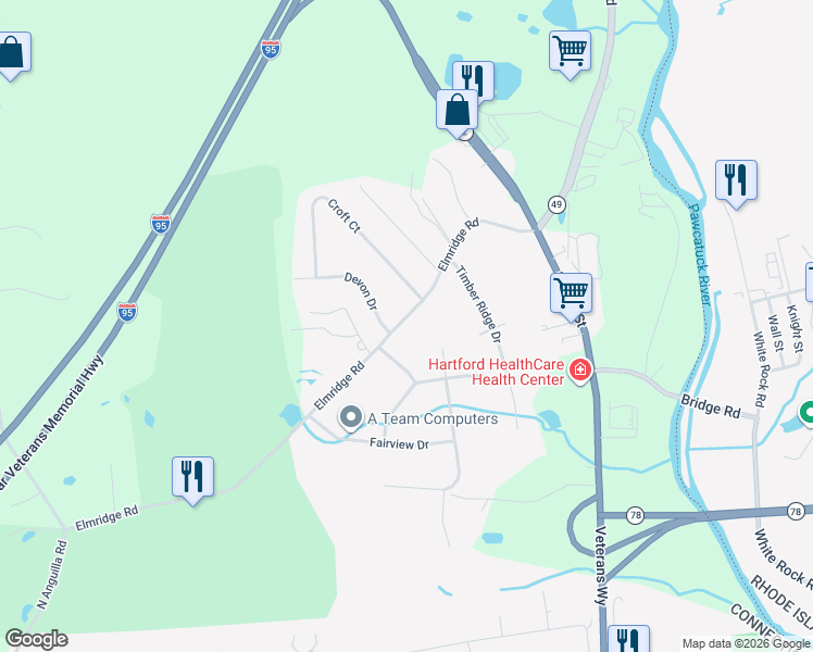map of restaurants, bars, coffee shops, grocery stores, and more near 94 Elmridge Road in Stonington