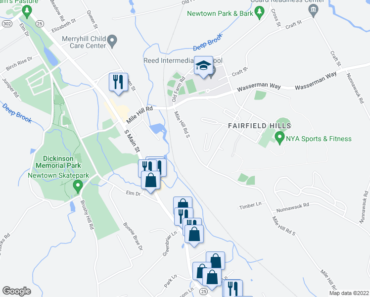 map of restaurants, bars, coffee shops, grocery stores, and more near 8 Mile Hill Road South in Newtown
